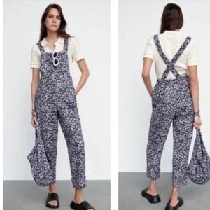 Zara Blue Floral Crossback Overalls with Pink & White Detail